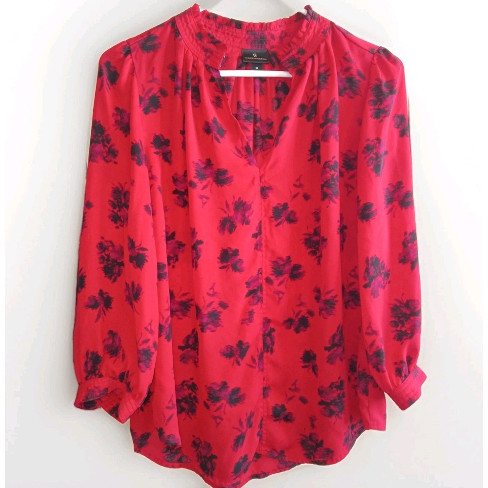 3 FOR $25 WORTHINGTON SZ M WOMENS BLACK RED BLOUSE HIGH NECK 3/4 SLEEVE OFFICE